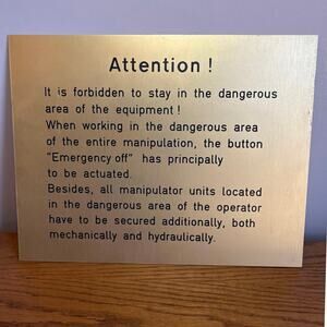 Rare Attention Danger Lightweight Metal Gold Colored Sign Plaque Garage Man Cave